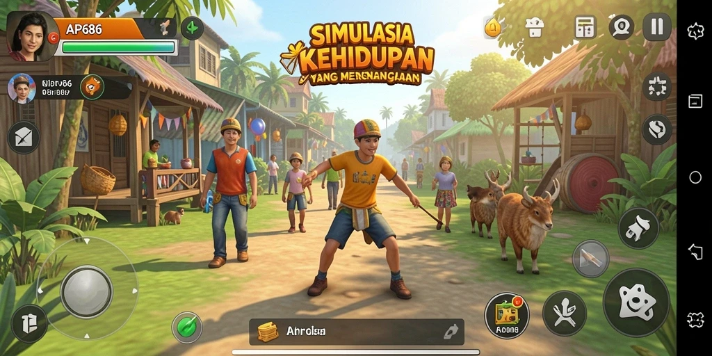 Screenshot gameplay AP686 menunjukkan karakter dalam berbagai aktivitas menarik.
