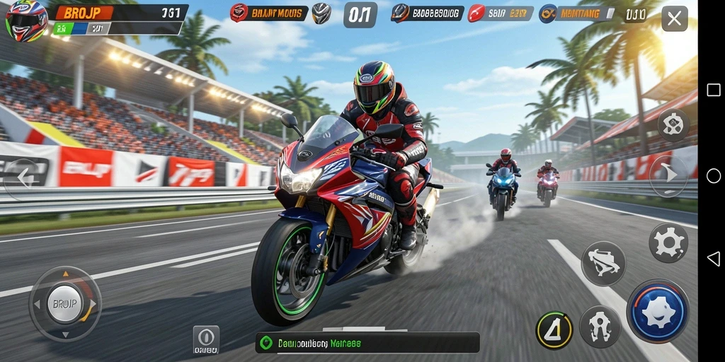 Screenshot utama BROJP memperlihatkan aksi balap motor yang mendebarkan.