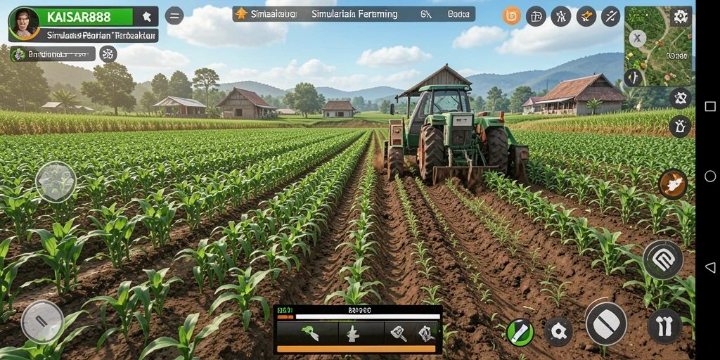 Screenshot gameplay KAISAR888 menampilkan ladang subur dan hewan peliharaan.