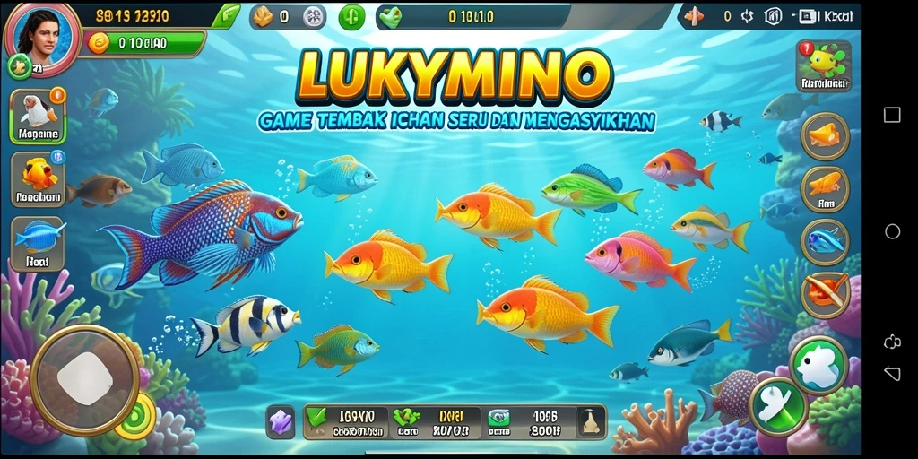 Tangkapan layar gameplay <strong>LUKYMINO</strong> menunjukkan aksi seru menembak ikan.