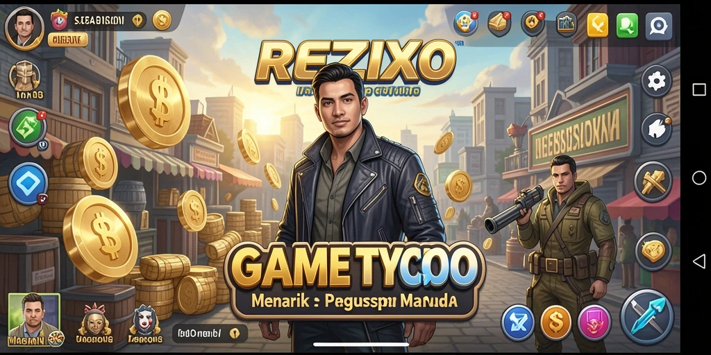 Tampilan gameplay seru di REZIXO dengan manajemen bisnis yang mendalam.