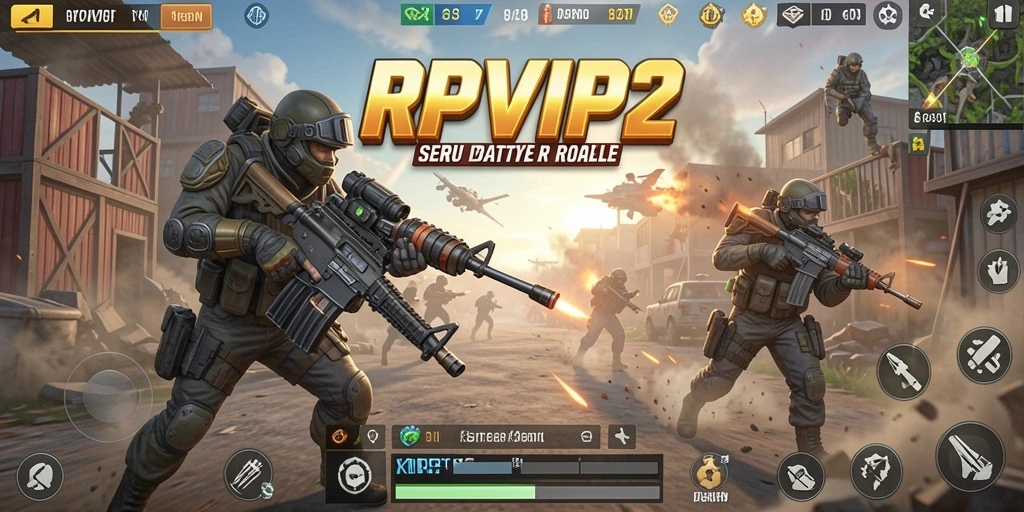 Screenshot RPVIP2 menampilkan aksi seru dalam pertempuran Battle Royale.